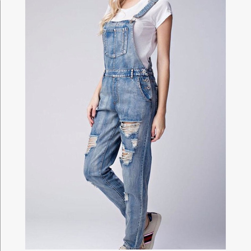 Honey Punch Distressed Denim Overalls